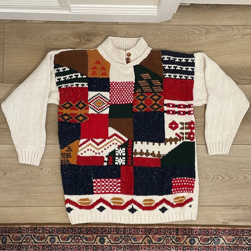 VTG Patchwork Chunky Knit Wool Blend Collared Multicolor Funky Women’s Sweater M